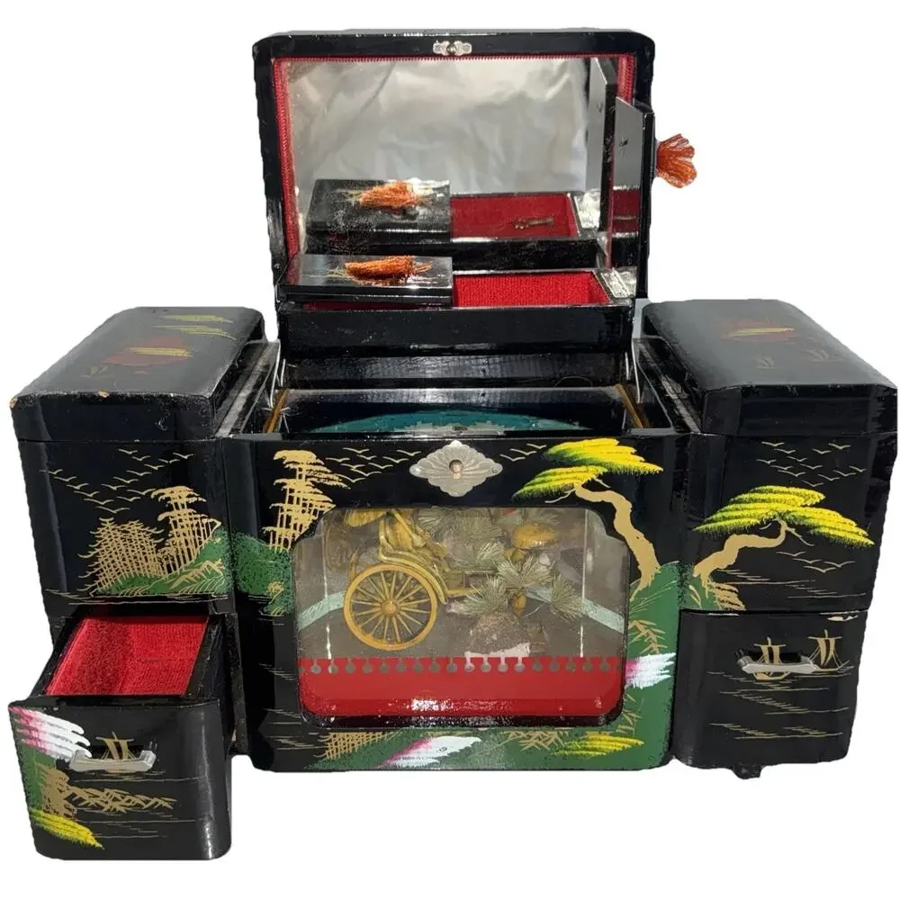 Vintage Jewelry Box Asian Music MOTION Geisha Mirror Japan Handpainted Works 13
